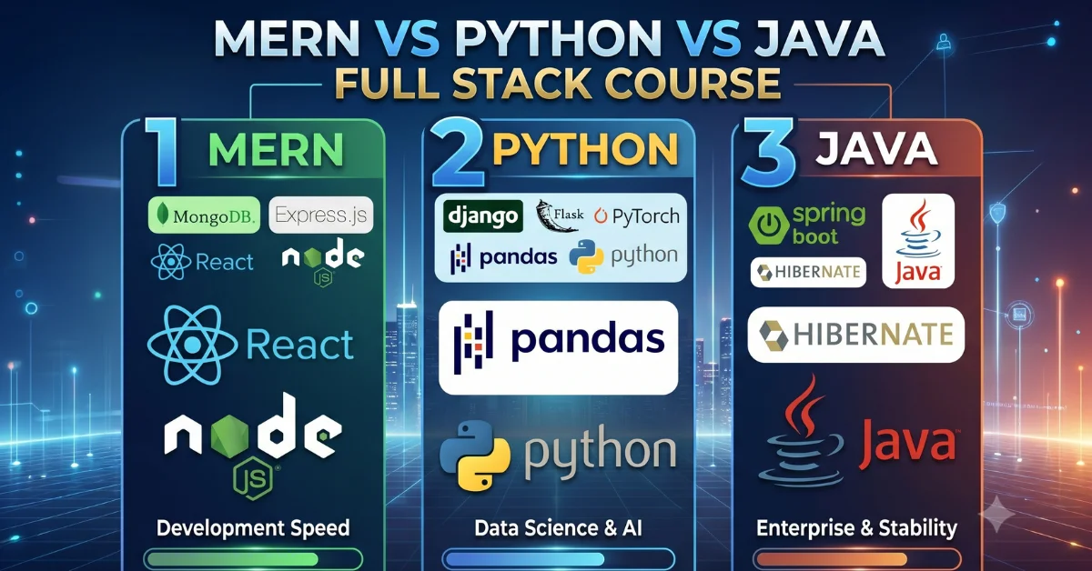 Best Full Stack Course 2026 comparison between MERN Stack, Python Full Stack and Java Full Stack Development